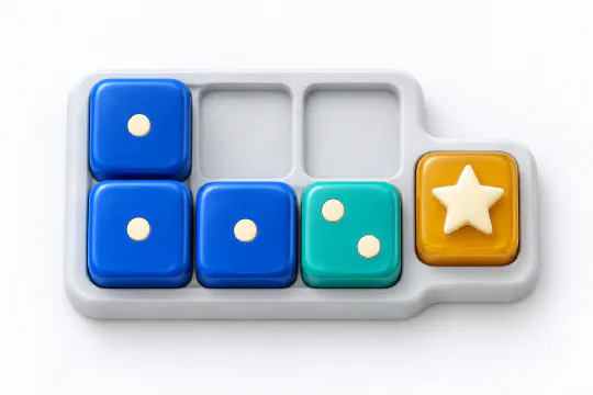 Original Dicezzle artwork: blue one-pip dice, a teal two-pip die and an amber Star in a light puzzle tray.